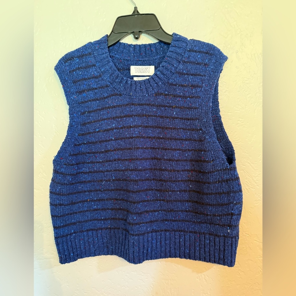 Toast Women's medium donegal wool cropped Blue Striped Sweater Vest